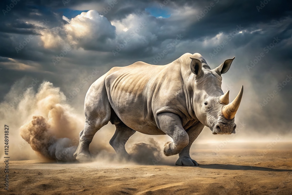Fototapeta premium Captivating Long Exposure of a White Rhino Charging Through Dust in a Dynamic African Landscape, Showcasing Nature's Power and Beauty in Motion