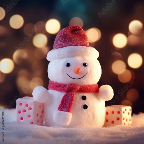 Cute little snowman with cozy winter background photo