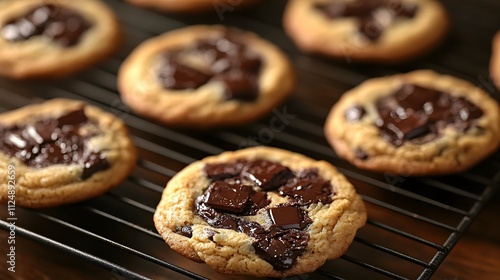 Warm chocolate chip cookies cooling on a rack showcase melted chunks and soft, chewy texture through macro photography with natural lighting in a rustic baking setting.