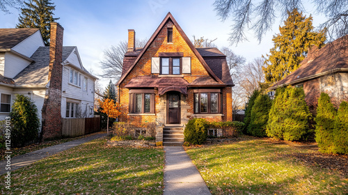 Charming two-story brick house with landscaped front yard in autumn light