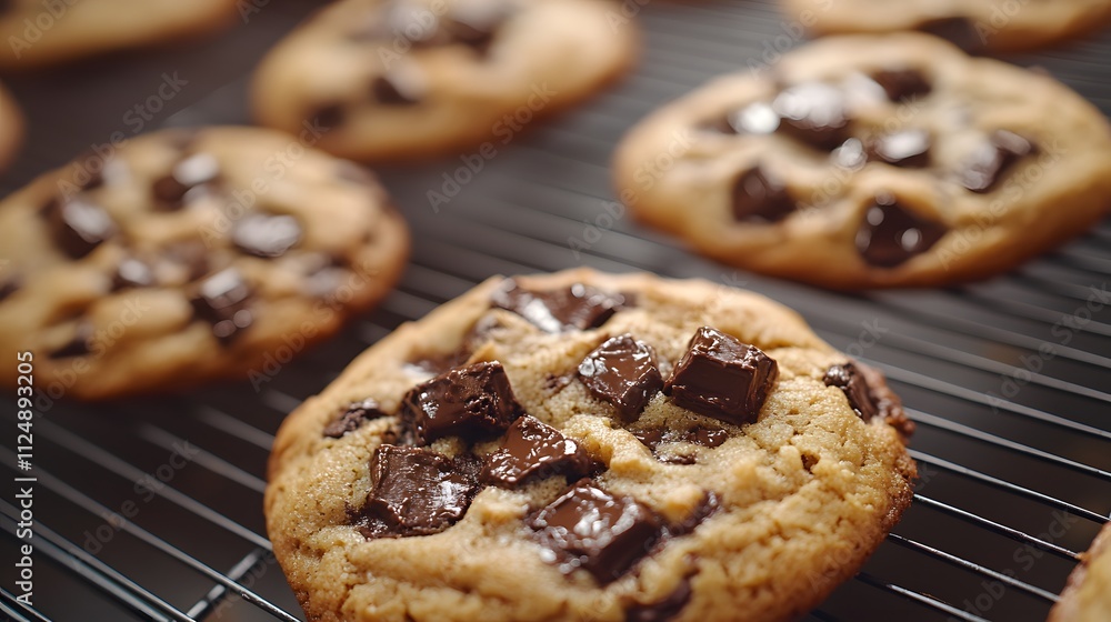 Warm chocolate chip cookies cooling on a rack showcase melted chunks and soft, chewy texture through macro photography with natural lighting in a rustic baking setting. Warm chocolate chip cookies cooling on a rack showcase melted chunks and soft, chewy texture through macro photography with natural lighting in a rustic baking setting.