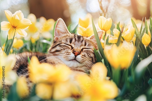 Happy Cat Sleeping in Spring Flowers Yellow Daffodils Pet Nature photo