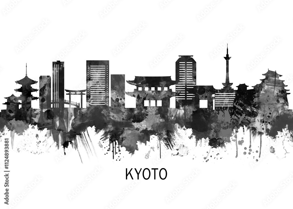 Kyoto Japan Skyline BW, cityscape landscape watercolor painting print abstract splash illustration art modern urban poster artwork landmarks skyscrapers