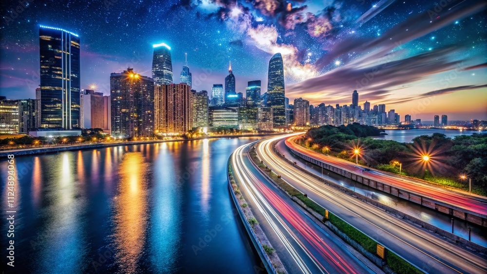 Naklejka premium Captivating Long Exposure of Urban Nightscape with Light Trails and Starry Sky in a Vibrant City Environment, Illustrating the Dynamic Energy of Modern City Life
