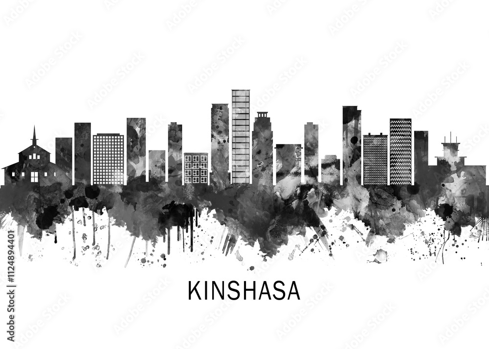 Obraz premium Kinshasa DR Congo Skyline BW, cityscape landscape watercolor painting print abstract splash illustration art modern urban poster artwork landmarks skyscrapers