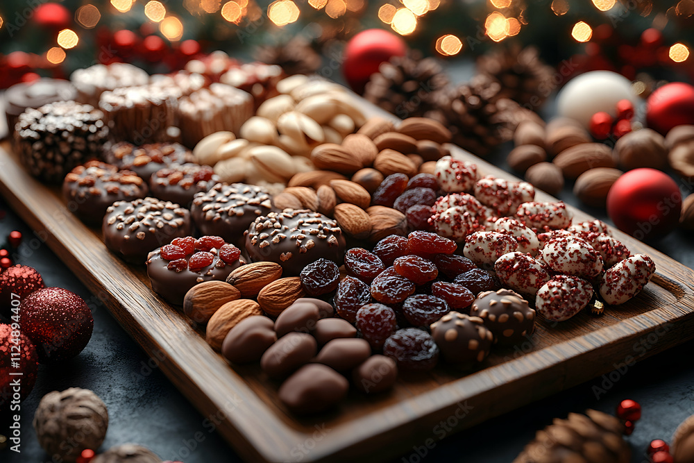 Assorted chocolates, nuts, and dried fruits on a wooden tray. Assorted chocolates, nuts, and dried fruits on a wooden tray.
