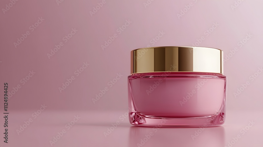 Premium skincare product features luxury pink glass jar with gold lid, photographed on white background with reflective surfaces and minimalist composition. Premium skincare product features luxury pink glass jar with gold lid, photographed on white background with reflective surfaces and minimalist composition.