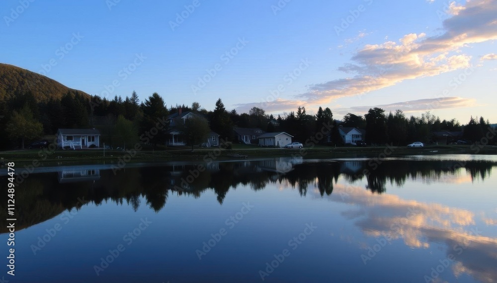 a lake with houses and a mountain in the background a lake with houses and a mountain in the background