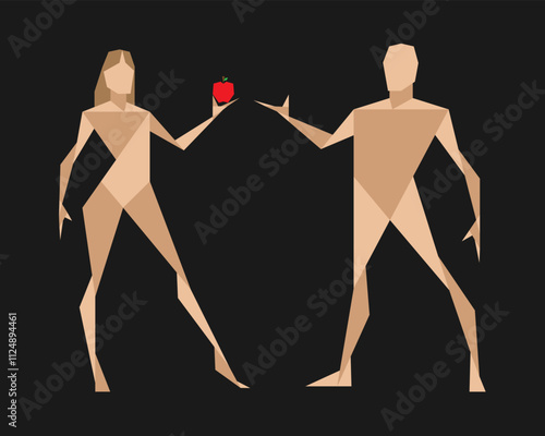 Adam and Eve posing. Bible story. Abstract geometric art. Man And woman body figure pose. Male and female silhouette. Vector illustration image.