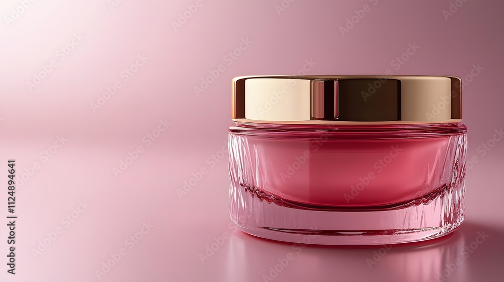 Premium skincare product features luxury pink glass jar with gold lid, photographed on white background with reflective surfaces and minimalist composition. Premium skincare product features luxury pink glass jar with gold lid, photographed on white background with reflective surfaces and minimalist composition.