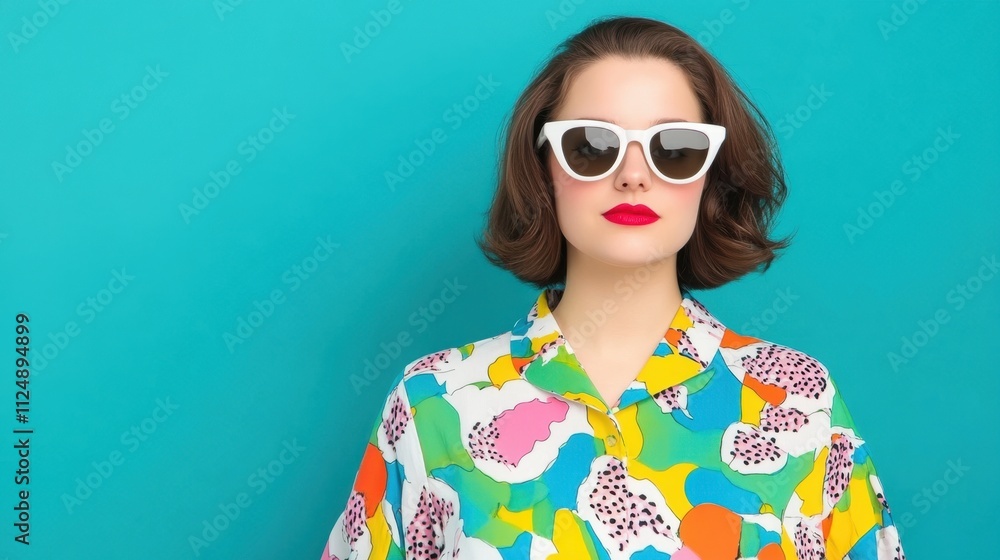 Stylish Young Woman Posing in Colorful Summer Shirt Against Bright Background Stylish Young Woman Posing in Colorful Summer Shirt Against Bright Background