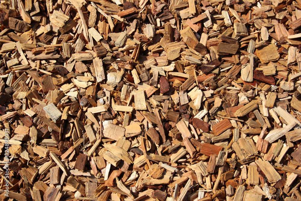A textured background of wooden chips and bark fragments, commonly used in mulching for landscaping and gardening A textured background of wooden chips and bark fragments, commonly used in mulching for landscaping and gardening