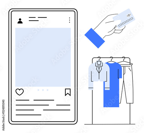 Mobile app interface displaying social media post, hand holding a credit card, clothing rack with shirts and pants. Ideal for online shopping, social commerce, e-commerce, mobile apps, digital