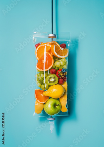 A hanging IV bag filled with sliced citrus fruits, grapes, and kiwi against a teal background. Refreshing and creative health concept.