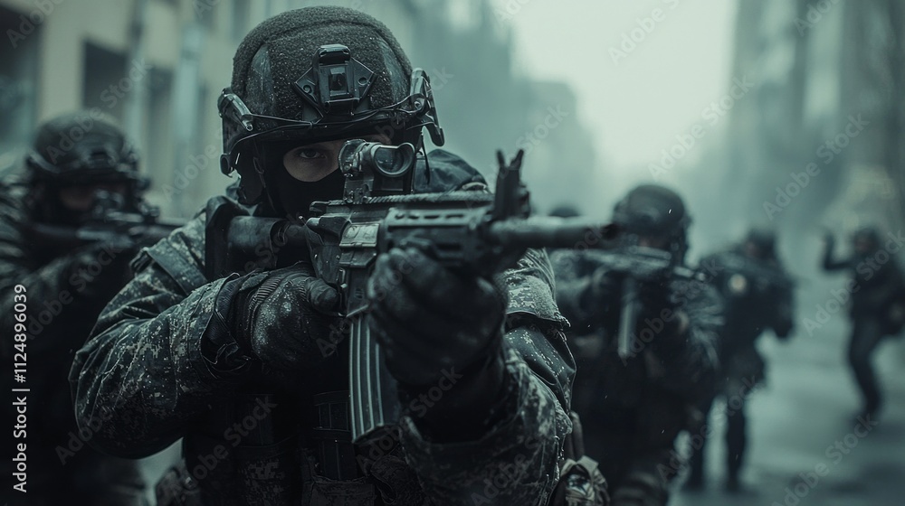 In a gritty urban setting, a squad of armed soldiers moves purposefully forward, weapons drawn, ready for any potential threat. Their focus and determination reflect the seriousness of their mission In a gritty urban setting, a squad of armed soldiers moves purposefully forward, weapons drawn, ready for any potential threat. Their focus and determination reflect the seriousness of their mission