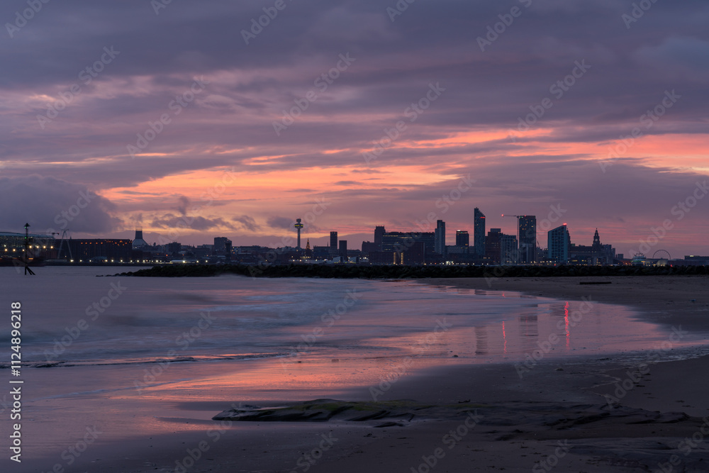 City of Liverpool skyline under pink sunrise City of Liverpool skyline under pink sunrise