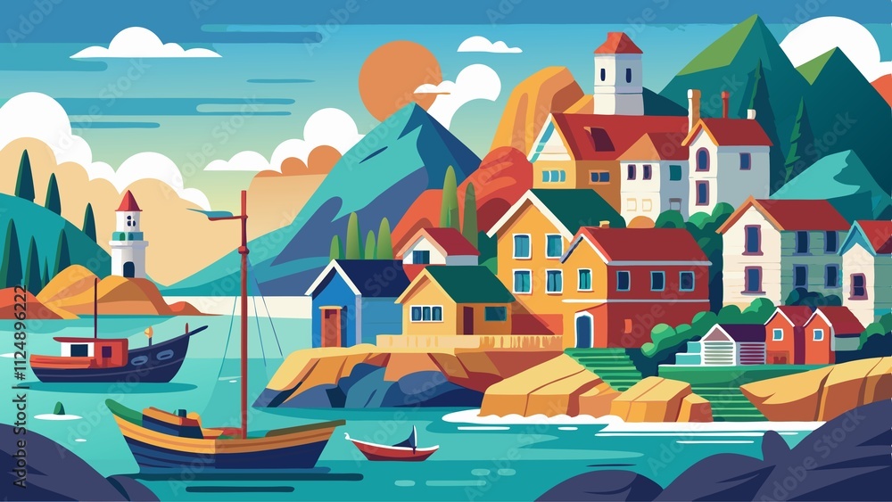 A colorful town with a boat in the water A colorful town with a boat in the water
