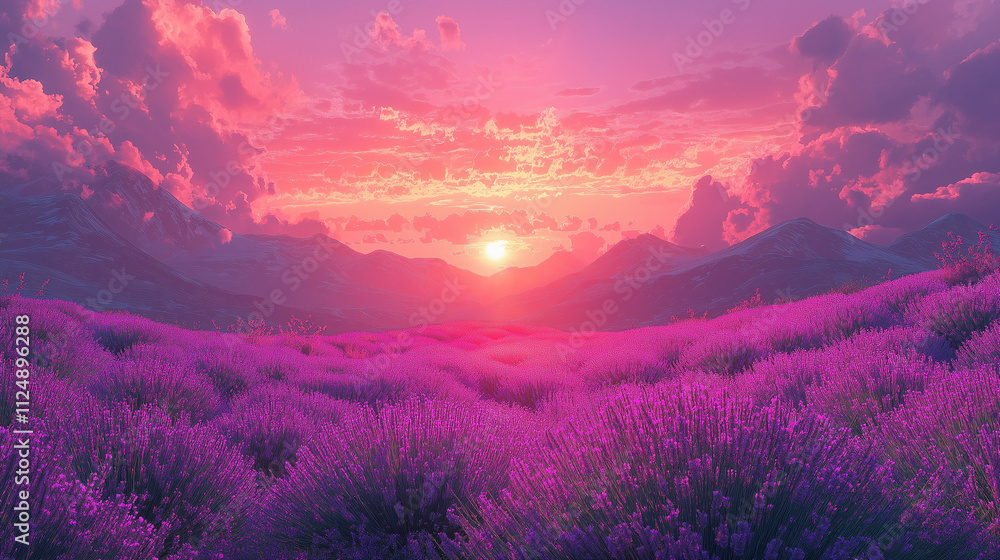 Fototapeta premium Enchanting Lavender Fields: Rolling Hills Bathed in Pink Sunset Hues, Capturing Nature’s Serene Beauty and Tranquil Charm Under a Pastel Sky of Dreamy Twilight and Blossoming Aromatic Splendor