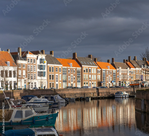 Seisdam en Herengracht at canal at City of Middelburg Walcheren Zeeland Netherlands. photo