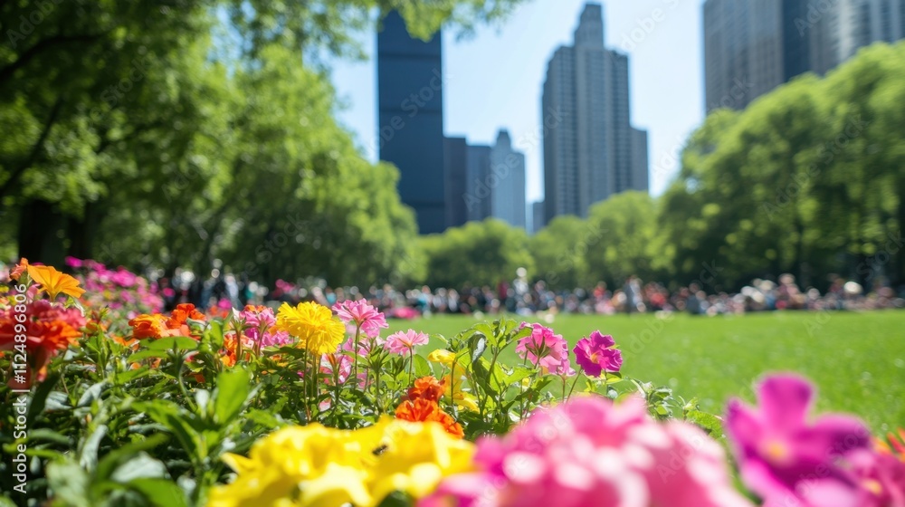 Vibrant Flowers in a City Park with Skyscrapers and Bright Blue Sky Vibrant Flowers in a City Park with Skyscrapers and Bright Blue Sky