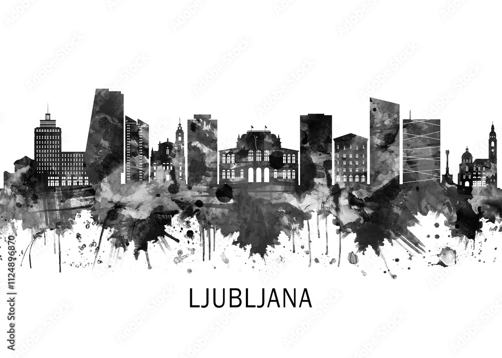 Obraz premium Ljubljana Slovenia Skyline BW, cityscape landscape watercolor painting print abstract splash illustration art modern urban poster artwork landmarks skyscrapers