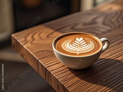 coffee latte art on wood table in cafe nature light