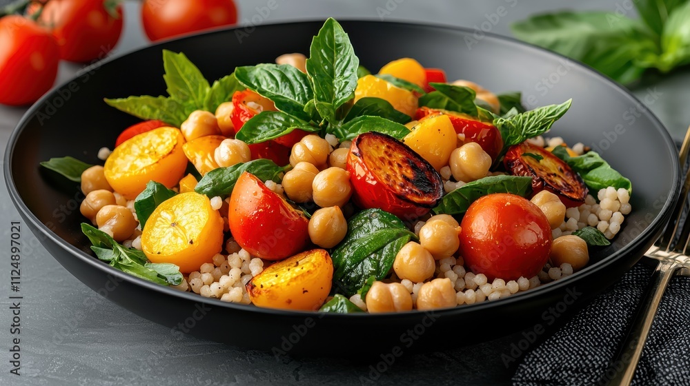 Colorful Chickpea Salad with Grilled Tomatoes and Fresh Basil in a Black Bowl Colorful Chickpea Salad with Grilled Tomatoes and Fresh Basil in a Black Bowl