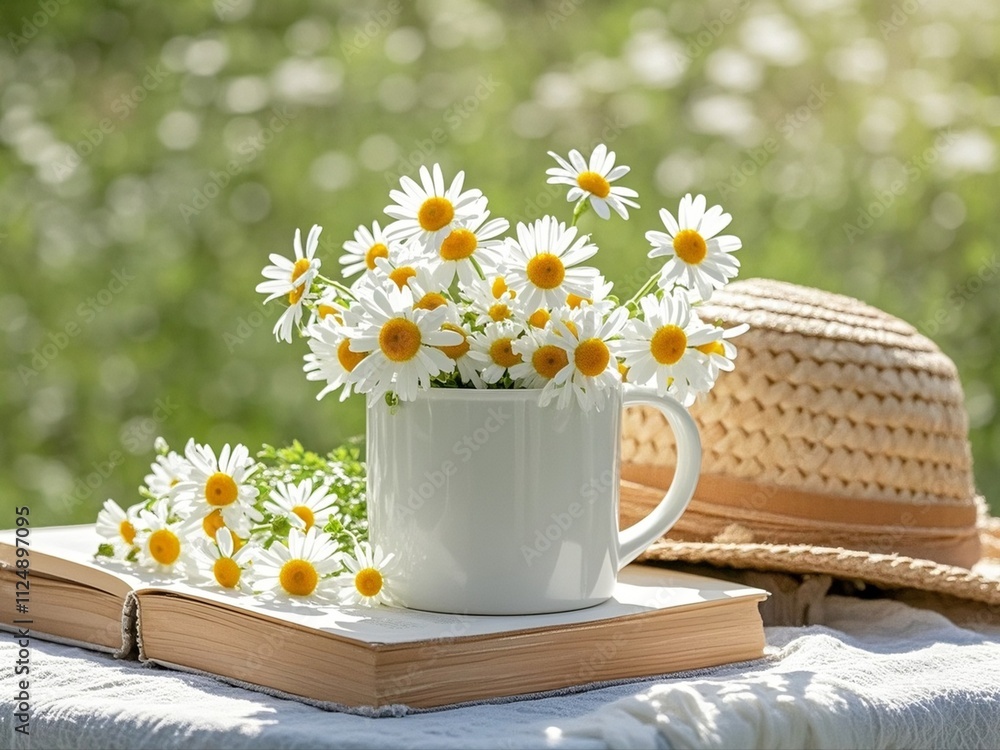 summer nature background. chamomile flowers in white mug, book, braided hat on table in garden. summer season. rustic composition with flowers. relax time.