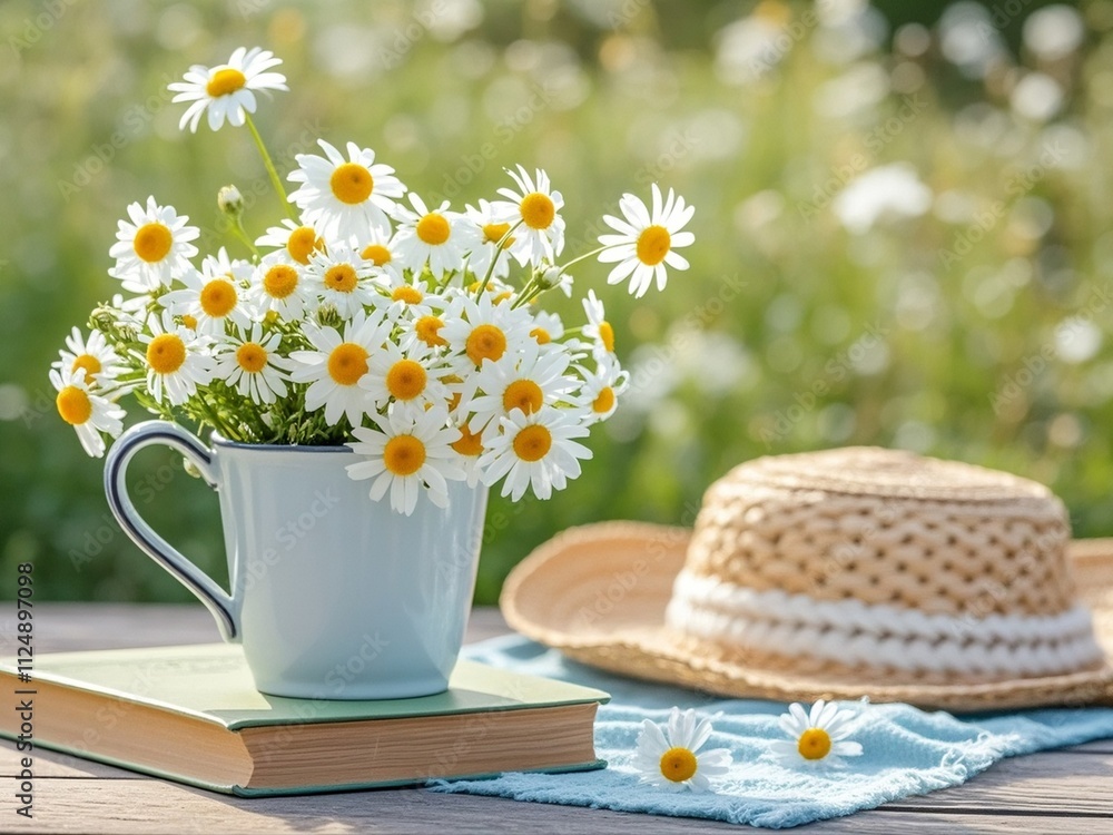 summer nature background. chamomile flowers in white mug, book, braided hat on table in garden. summer season. rustic composition with flowers. relax time.