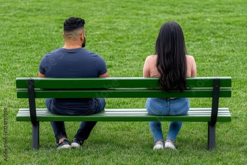 A serene photo of a man and woman sitting silently on opposite ends of a park bench, with visible distance between them photo