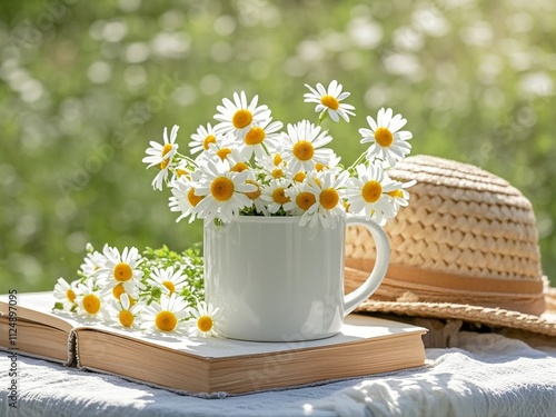 summer nature background. chamomile flowers in white mug, book, braided hat on table in garden. summer season. rustic composition with flowers. relax time.