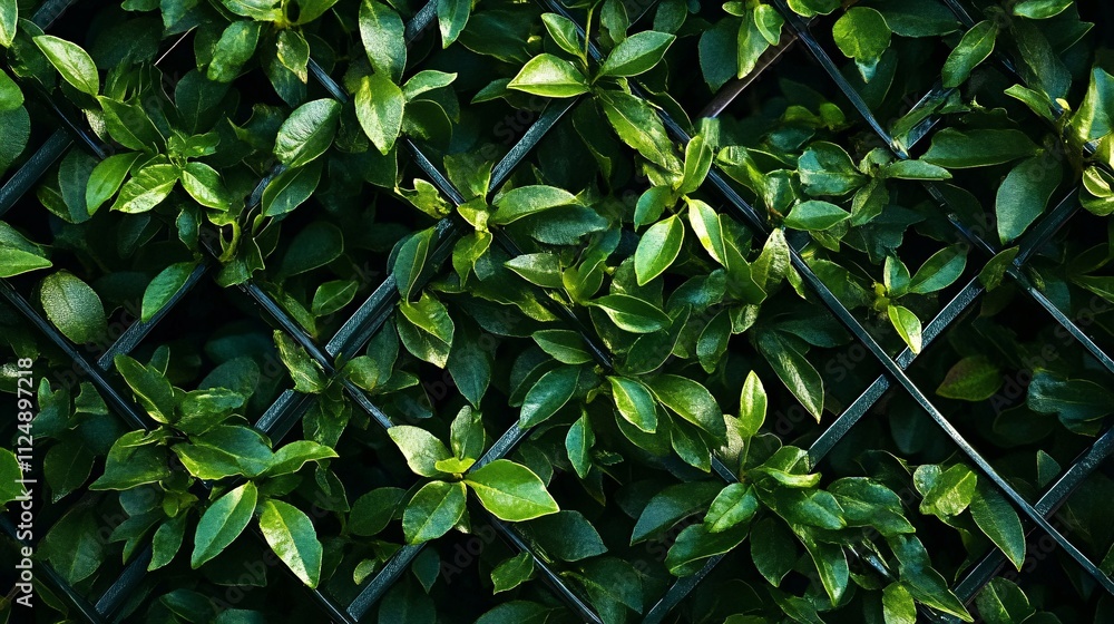 Lush green leaves growing on metal trellis, creating natural wall Lush green leaves growing on metal trellis, creating natural wall