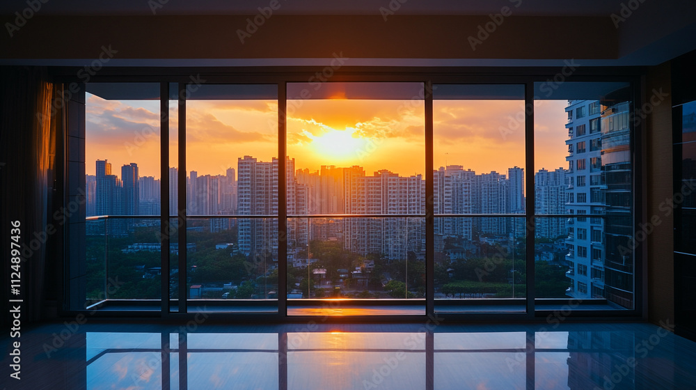 Fototapeta premium City skyline at sunset viewed from modern apartment with large windows