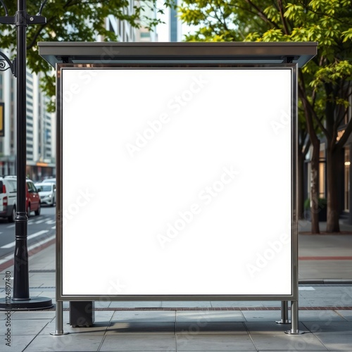 Empty banner with mock up on bus stop frame standing at city sidewalk rear view banner mockup advertising blank business display template