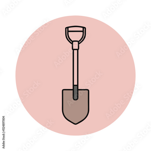 Grey shovel icon with black handle on pink circle backdrop. Essential gardening tool rendered in minimalist style. Concept: Garden center, Landscaping service, Agricultural supply