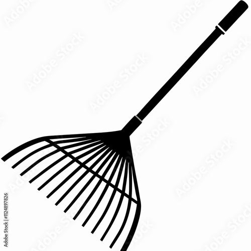 Traditional leaf rake shown in profile view. Simple line illustration with clear detail. Concept: gardening supplies, yard maintenance, fall cleanup. Perfect for autumn season promotions