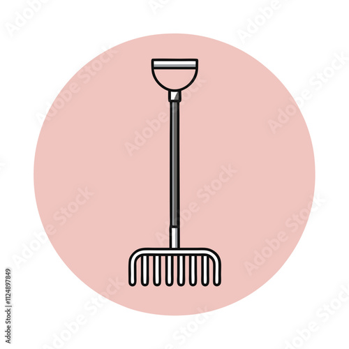 Garden rake illustration on soft pink circular background. Long-handled tool with uniform tines for leaf collection. Concept: gardening, landscaping, yard maintenance