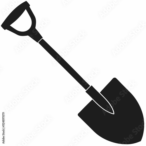 Garden shovel displayed at dynamic angle with ergonomic D-shaped handle. Professional tool shown in detailed black and white. Concept: garden center, landscaping supplies, construction tools
