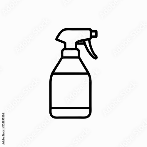 Clean line drawing of spray bottle positioned at angle. Simple black strokes define ergonomic trigger sprayer design. Concept: cleaning services, pest control, garden care