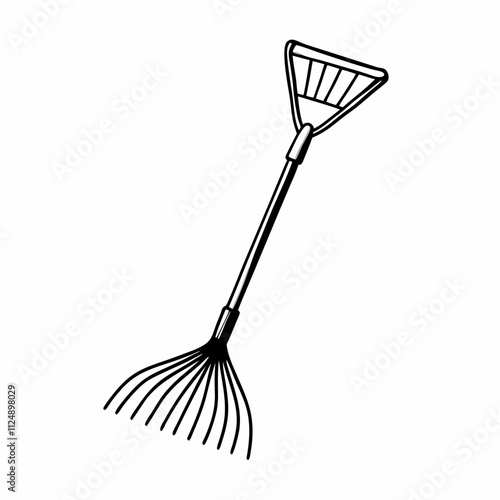 Black and white line drawing of a traditional leaf rake. Detailed garden tool illustration with long handle and multiple tines. Concept: Hardware stores, garden supplies, yard maintenance