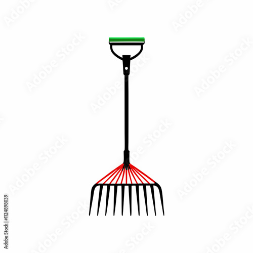 Red-tined garden rake with green handle stands ready for yard work. Essential gardening tool shown in vibrant colors. Concept: gardening, lawn care, outdoor maintenance