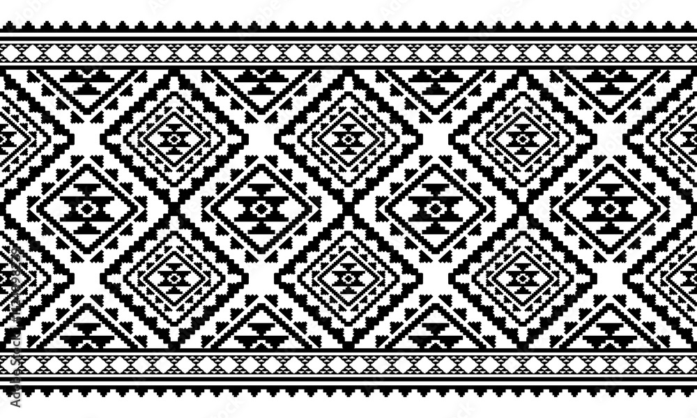 Fototapeta premium Southwest Aztec geometric Native American Mexican Navajo tribal ethnic boho indian texture ornament seamless pattern fabric black and white design vector for woven textile printing blanket rug carpet 