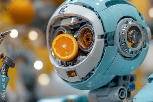 Robot with an orange slice on its face displays creativity at a technology exhibition in a modern venue photo