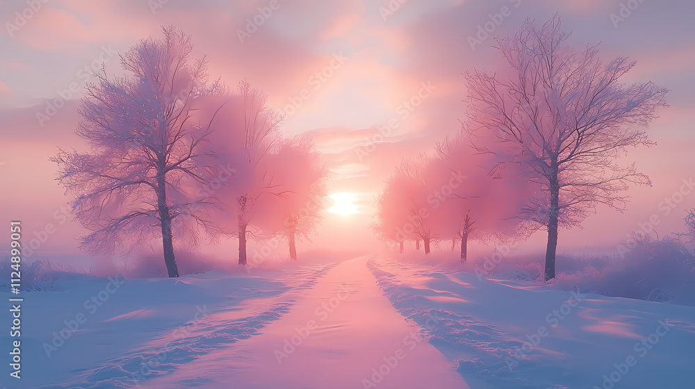 There is a beautiful sunrise surrounded by white trees and a pastel sky. Perfect for winter travel photography, the scene is peaceful and serene. There is a beautiful sunrise surrounded by white trees and a pastel sky. Perfect for winter travel photography, the scene is peaceful and serene.