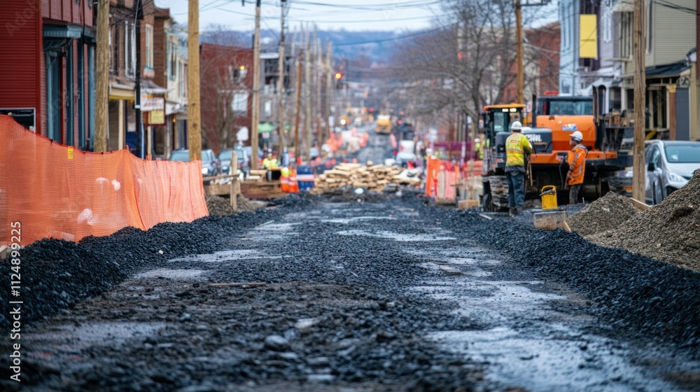 Urban street under reconstruction, sidewalks lined with protective fencing, piles of gravel, and workers laying drainage pipes Urban street under reconstruction, sidewalks lined with protective fencing, piles of gravel, and workers laying drainage pipes