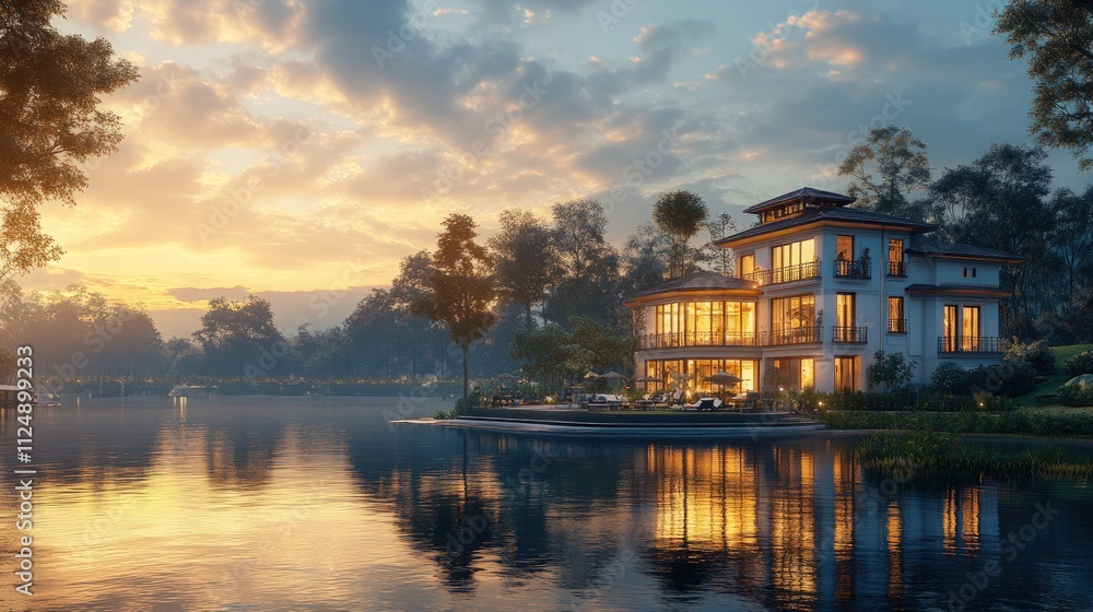 Fototapeta premium Lakeside mansion at sunset, illuminated windows.