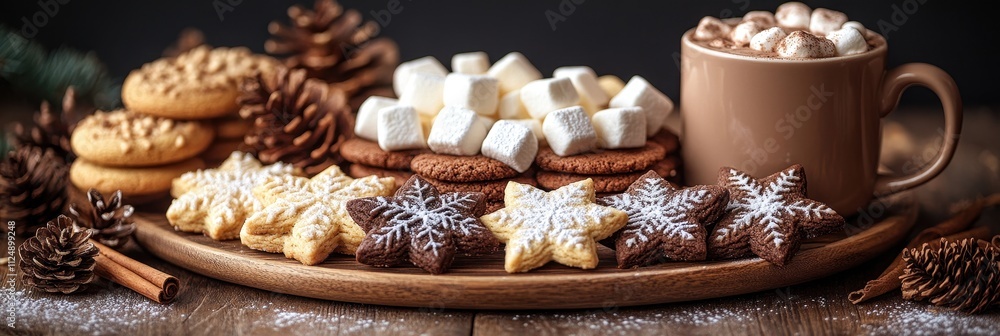 Holiday Festive Dessert Display, Wooden Tray with Cinnamon Rolls and Mini Marshmallows, Cozy Indoor Setting for Advertising and Promotions Holiday Festive Dessert Display, Wooden Tray with Cinnamon Rolls and Mini Marshmallows, Cozy Indoor Setting for Advertising and Promotions