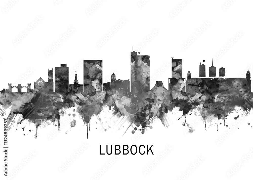 Obraz premium Lubbock Skyline BW, cityscape landscape watercolor painting print abstract splash illustration art modern urban poster artwork landmarks skyscrapers