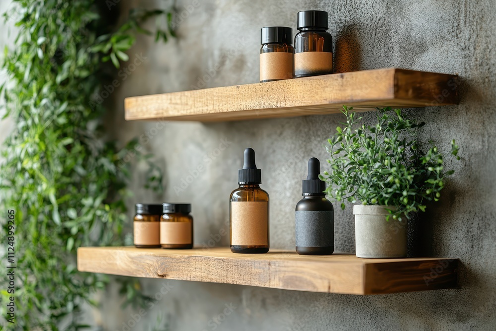Rustic Wooden Shelves with Essential Oil Bottles and Greenery Against a Textured Wall in a Modern Minimalist Interior Rustic Wooden Shelves with Essential Oil Bottles and Greenery Against a Textured Wall in a Modern Minimalist Interior
