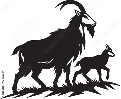 Mother mountain goat with kid following behind black vector silhouette